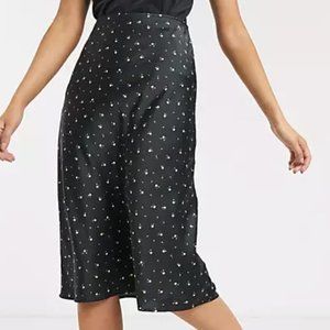 Abercrombie & Fitch | Satin Midi Skirt in Dark Navy Blue + Yellow Floral | XXS